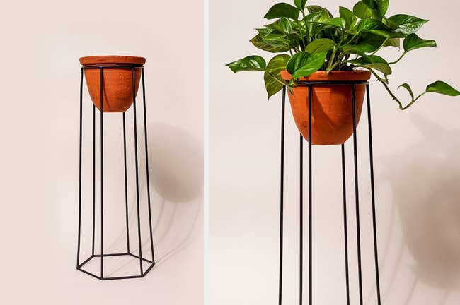 collage of metal plant stand with and without a plant inside