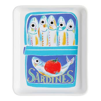 Decorative tray with illustrated sardines and a tomato