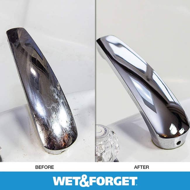 a sink faucet looking dirty and on the right the same faucet clean and shiny after using wet and forget