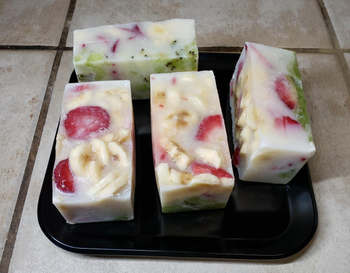 a reviewer photo of four cubes of frozen soup 