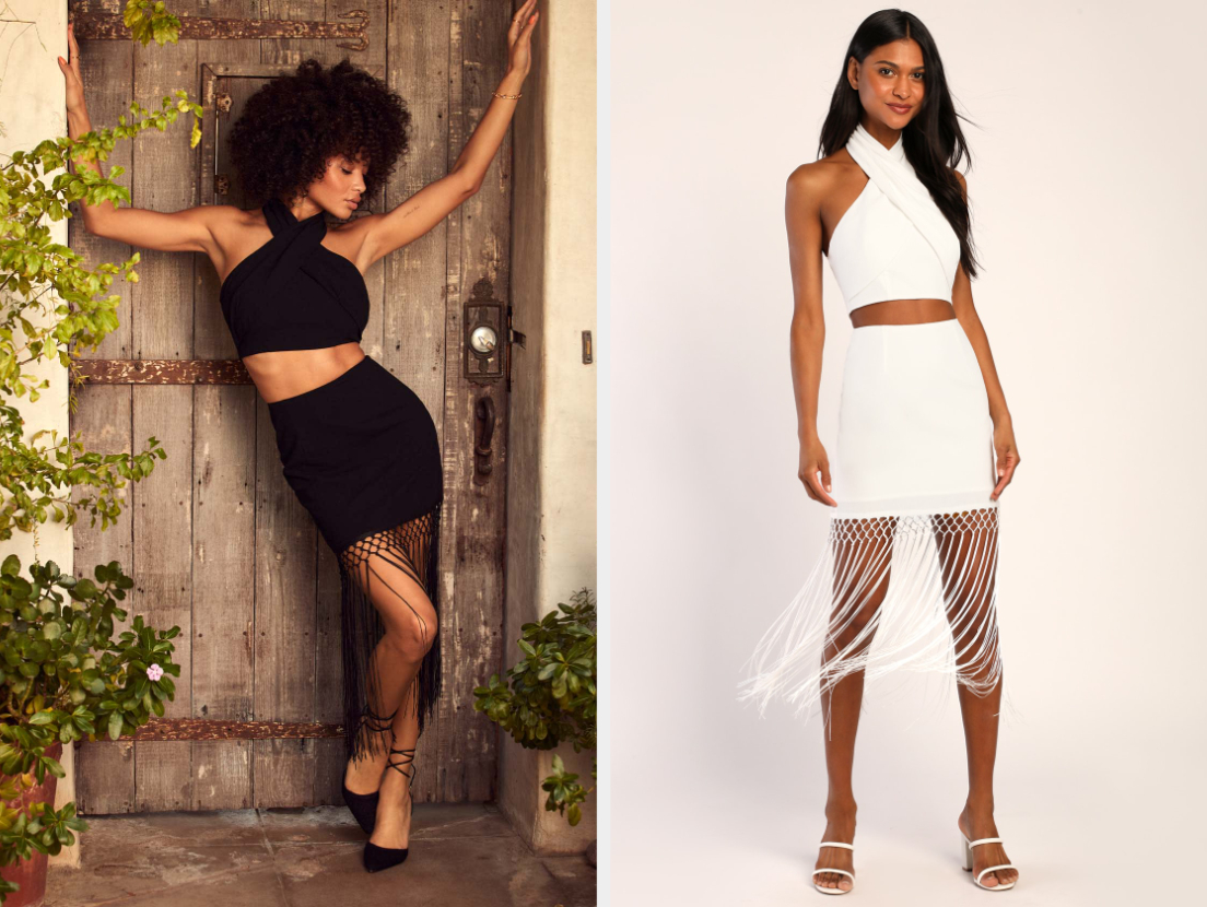 Two images of models wearing black and white mini fringe skirts