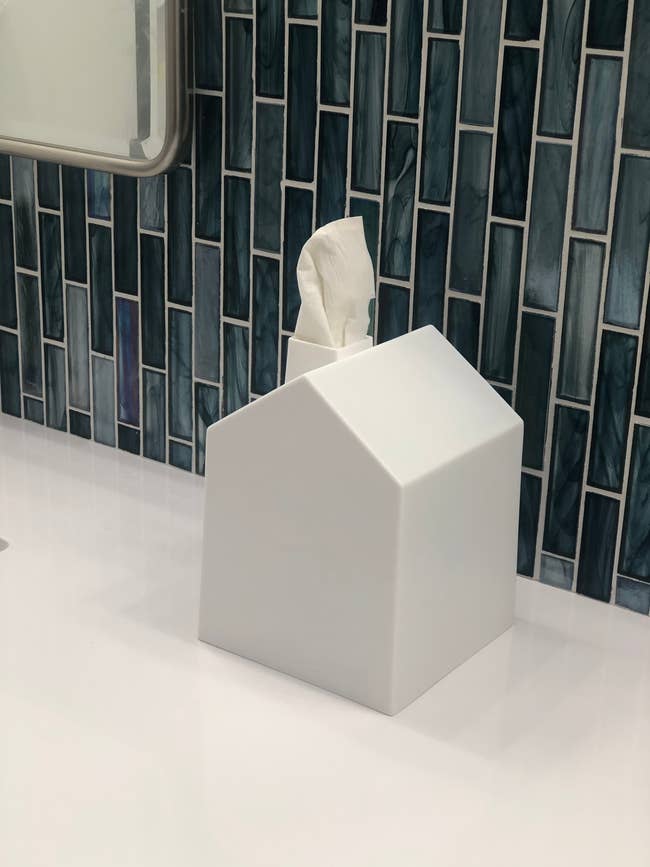 a house-shaped tissue box cover placed on a countertop