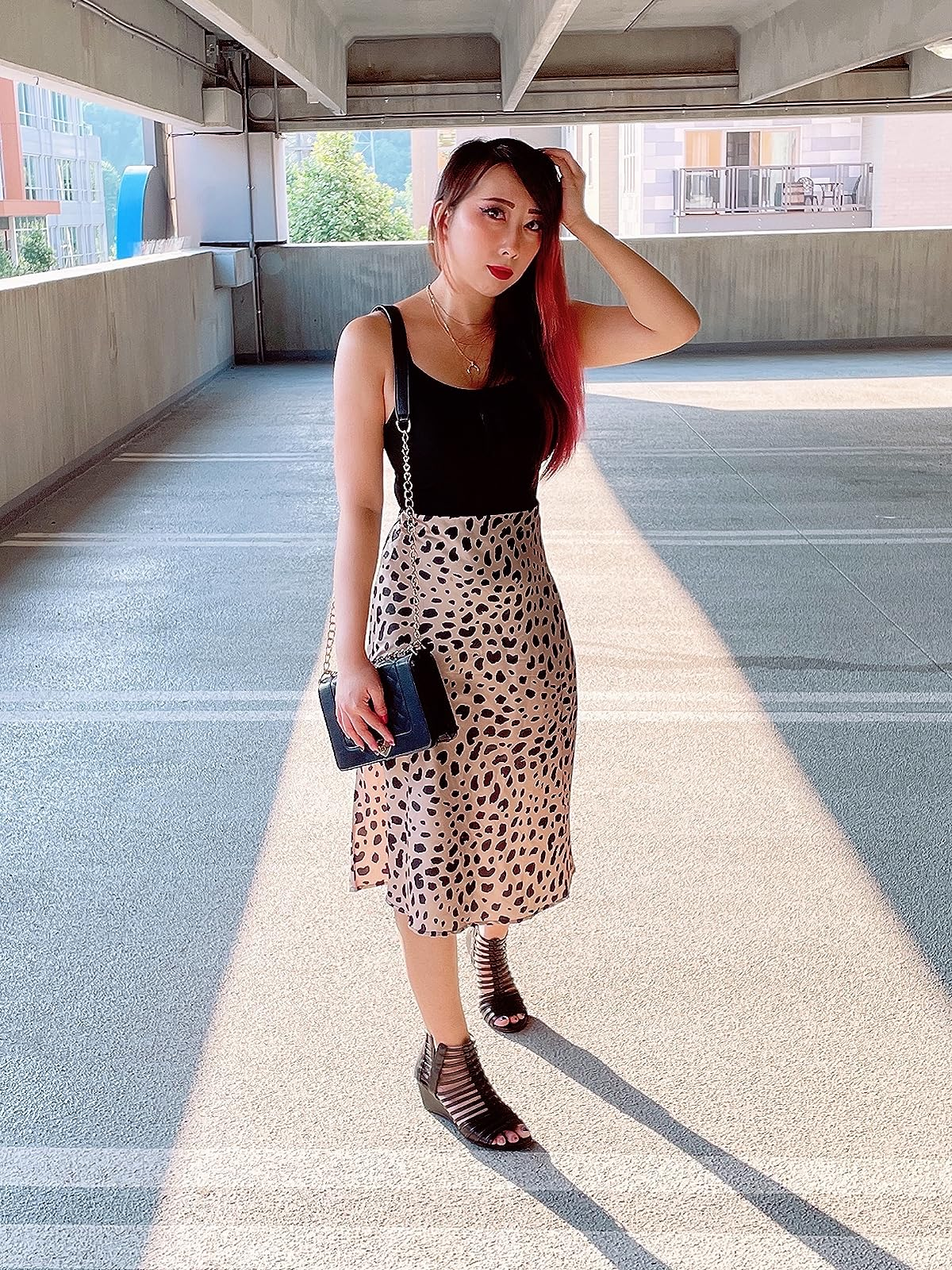 reviewer wearing the leopard people     skirt