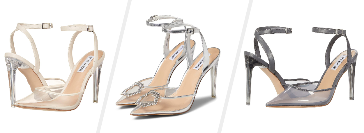 Three images of cream, silver, and gray heels