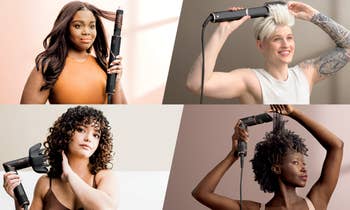 Four people styling their hair with various hair tools, showcasing different hair types and hairstyles