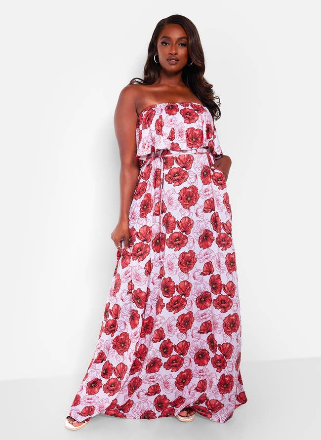 model wearing the strapless floral maxi dress 
