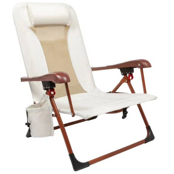 Folding formation seat with cushioned armrests, headrest, and an attached cupful holder connected the side. Ideal for outdoor relaxation and comfort