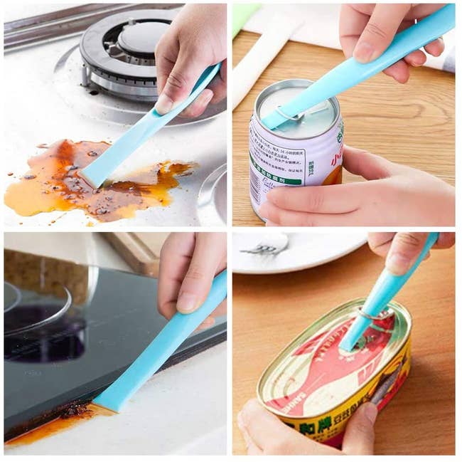 a grid of photos showing — from the top left — a model using the scraper to clean gunk off of a stove; opening a soda can; opening a can of tuna; scraping gunk from the side of a hot plate