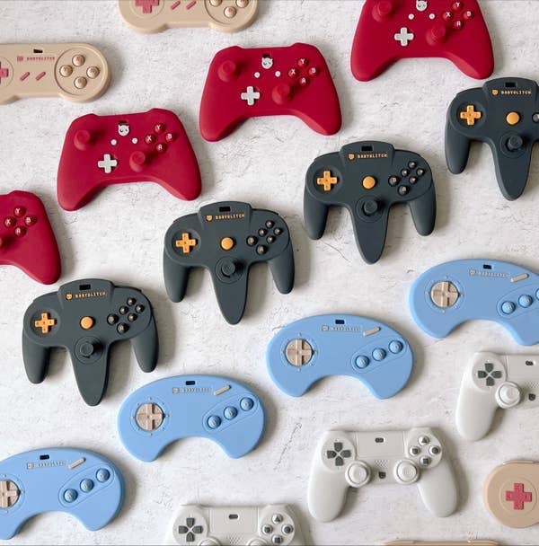 an array of rubberized controller teethers