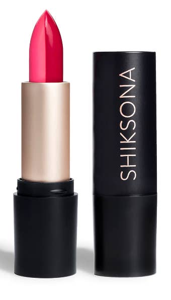 A tube of lipstick with pink on one side and red on the other