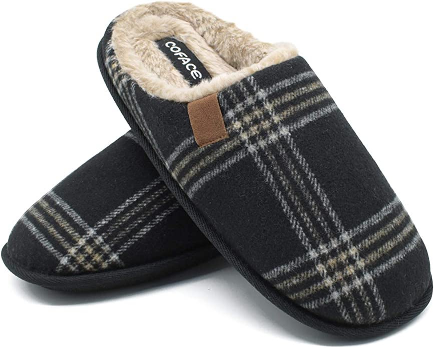 Black and white plaid slippers with faux fur lining