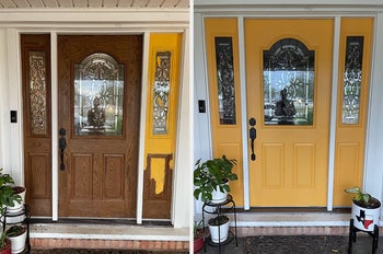 A house with a yellow front door painted on wood 