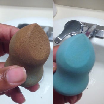 left: a brown looking sponge right: the same sponge looking clean and blue 