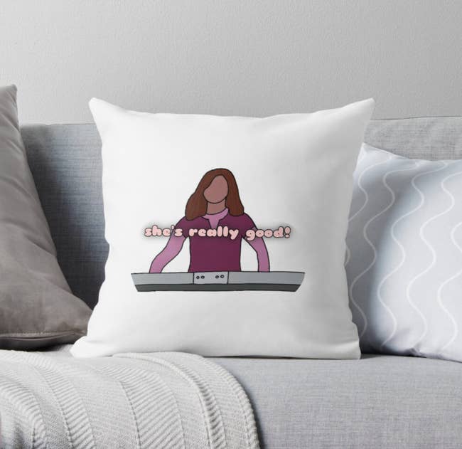 throw pillow featuring illustration of caitlyn from camp rock with text over it that reads she's really good