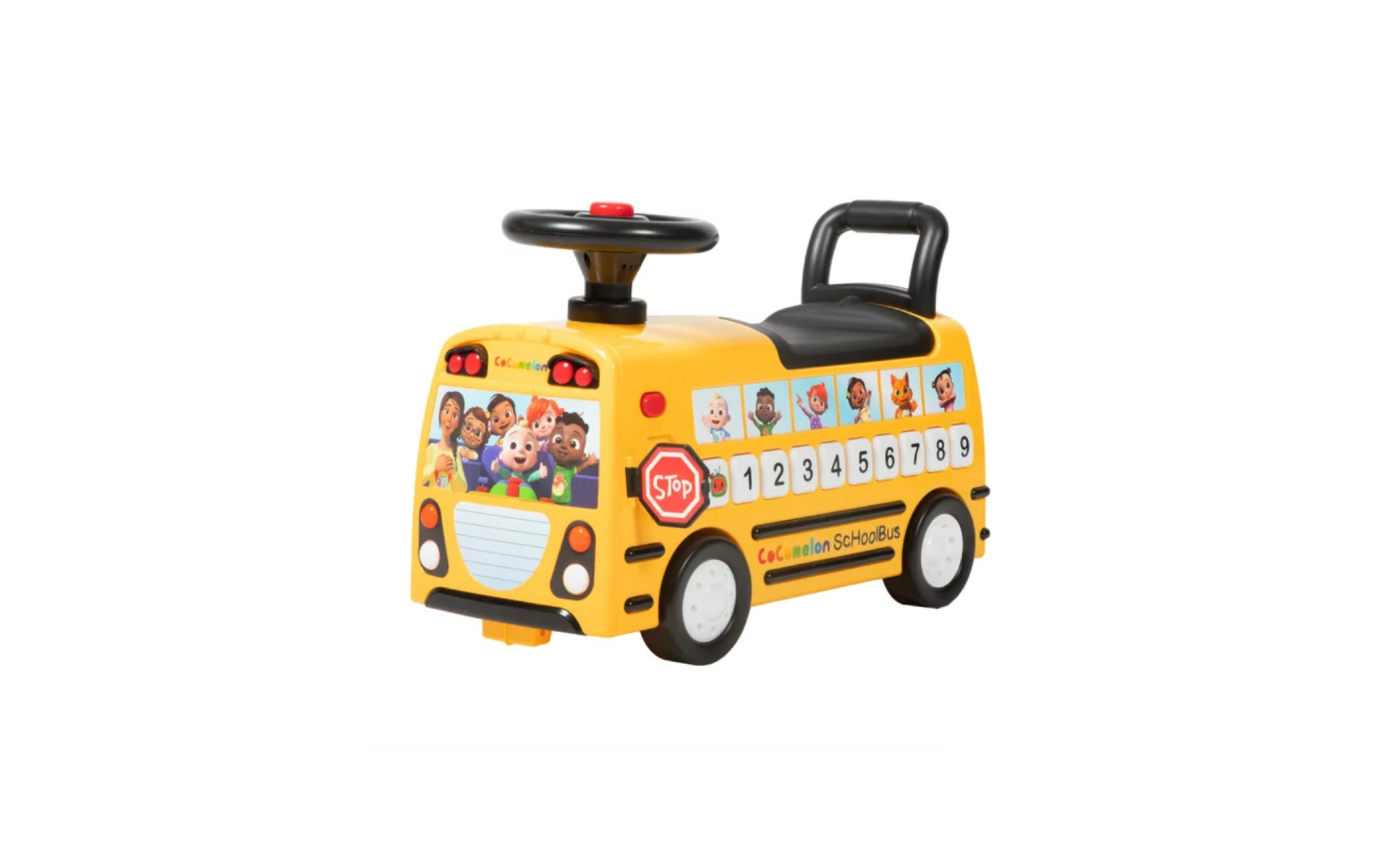 Yellow ride-on school bus with steering wheel and top seat