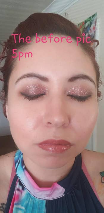 reviewer showing how their makeup looks before using the spray 