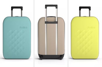 Suitcase in colors teal, tan, and yellow
