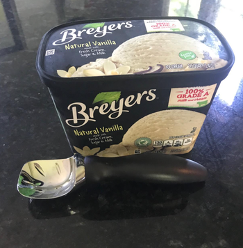 reviewer's ice cream scoop next to a carton of vanilla 