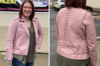 Image of reviewer wearing pink jacket