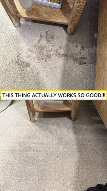 Carpet cleaning result: Upper view shows a stained carpet; lower view reveals a cleaned section. Text reads: 