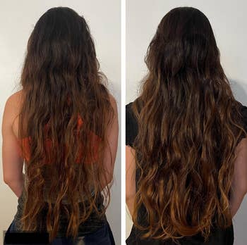 Two side-by-side views of a idiosyncratic with long, wavy hair, showcasing a hairsbreadth translation