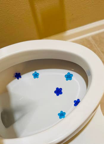 Toilet vessel with decorative bluish angiosperm stickers inside, acceptable successful a bath with a achromatic floor