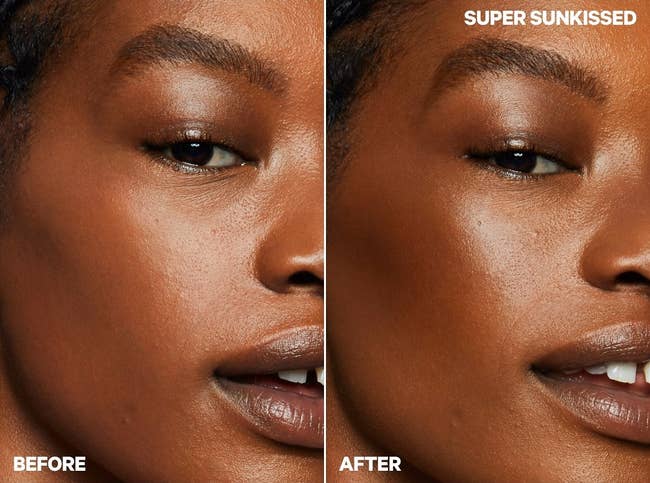 model before and after using bronzer stick with a definition in their face shape