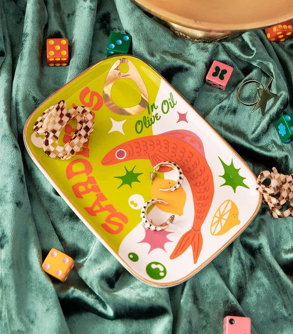 colorful illustrated sardine can trinket tray