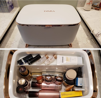 split image of a reviewers closed white cooler and then an interior view, full of beauty products