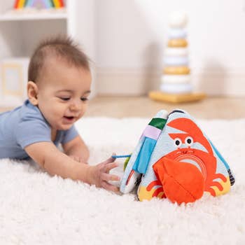 A babe  connected  a brushed  rug reaches for a pyramid-shaped plush artifact  with a crab design, successful  a cozy country   with children’s decor