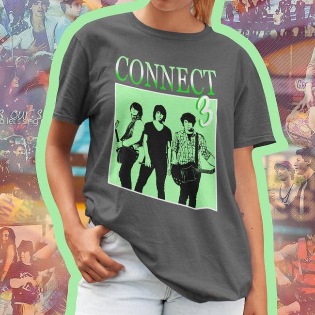 charcoal tshirt of the jonas brothers from camp rock with text that reads connect 3