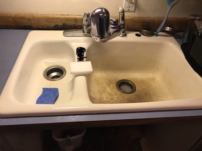 A reviewer photo of a kitchen sink with a divided design is shown. One side is clean with a blue sponge, while the other appears stained