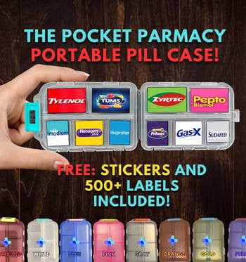 pill case open with windows for popular types of pills like tylenol, pepto, zyrtec, etc 