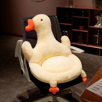 the plush duck cushion on a chair
