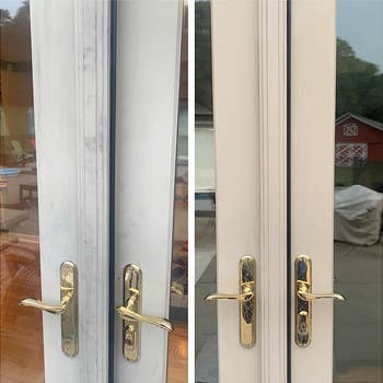 before/after of a door cleaned using the pink stuff and looking much more white