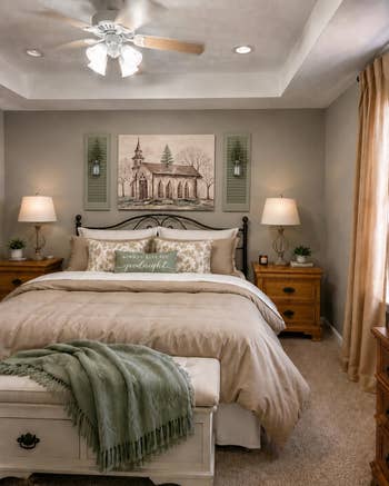 Cozy chamber  with a plush bed, greenish  throw, and artwork above. Ideal for adding a warm, inviting ambiance  to location  decor