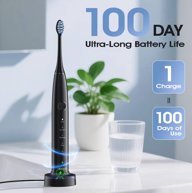Electric toothbrush adjacent to a glass, highlighting