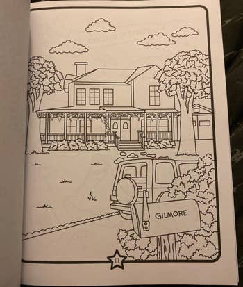 Line drawing of the Gilmore house from a coloring book