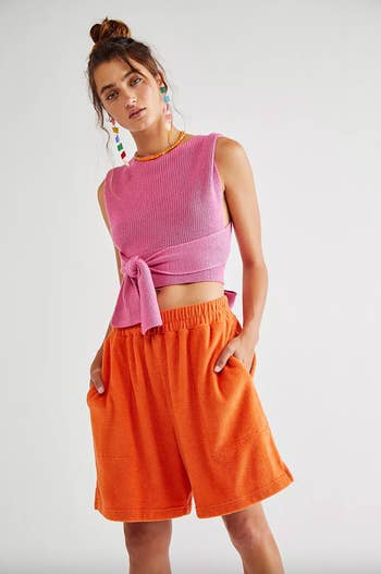 the sweater wrap top in jelly bean pink