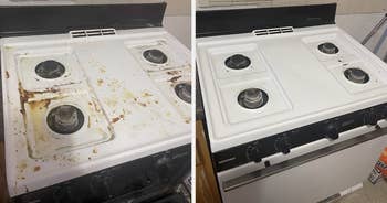 a before and after photo of a reviewer's oven looking dirty and then clean after using the pink stuff
