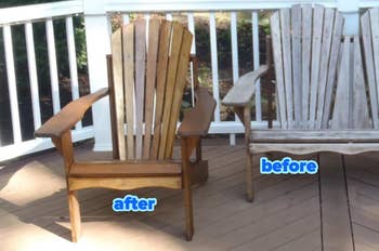 Two Adirondack chairs on a deck, with 