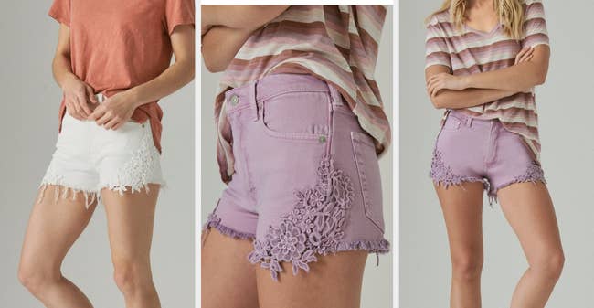 Three images of models wearing white and purple shorts