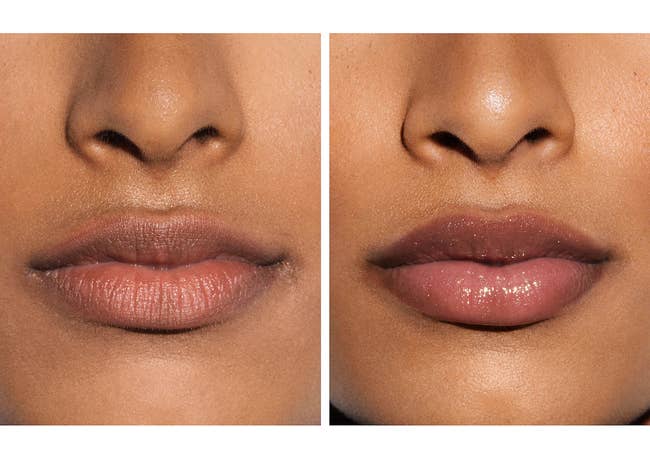 Model before and after using lip plumper with noticeably fuller lips