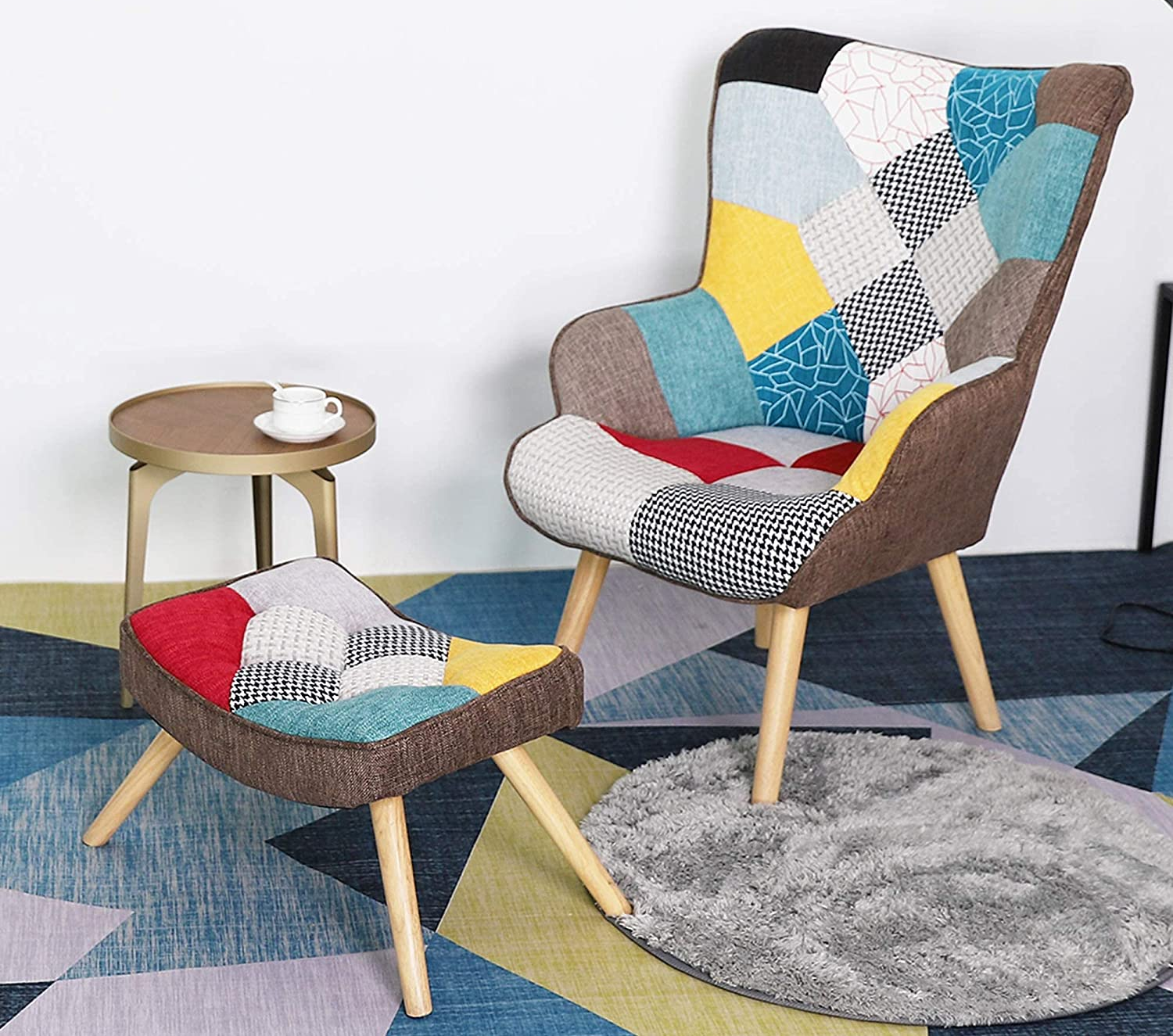 a chair and ottoman set with a patchwork design with shades of red, blue, and yellow contrasted against neutral patterns