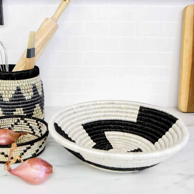 black and white woven basket