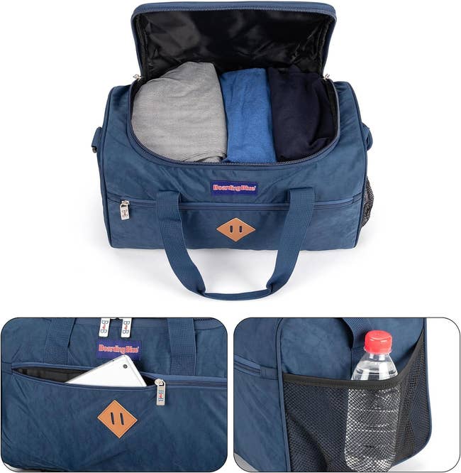 Open blue travel bag with clothing inside and separate pockets holding a tablet and water bottle