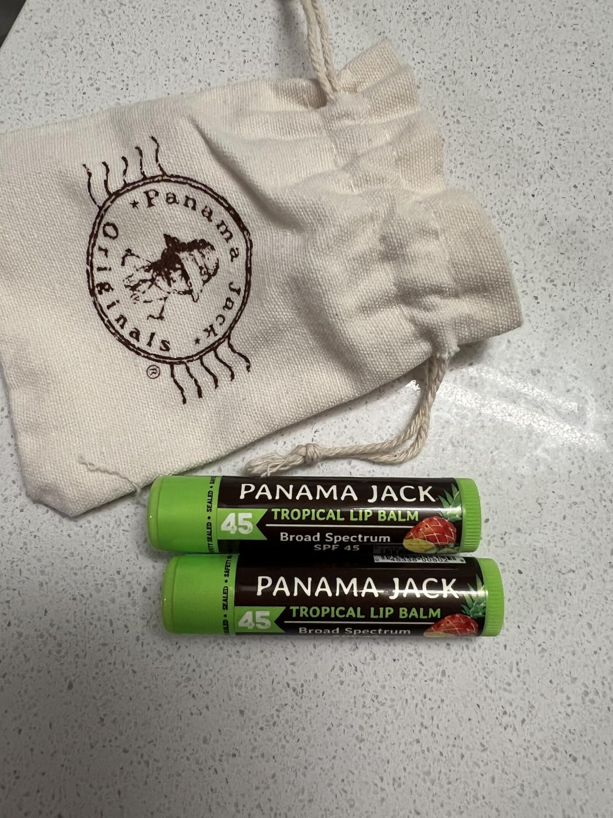 Two tubes of Panama Jack Tropical Lip Balm with SPF 45 