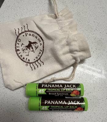 Two tubes of Panama Jack Tropical Lip Balm with SPF 45