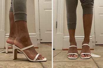 Reviewer wearing square toed white heels on tiled floor