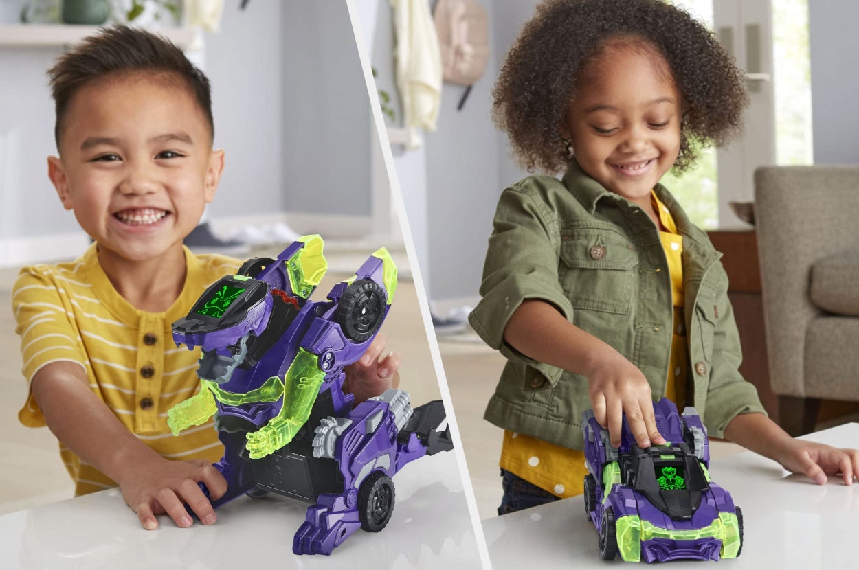 Split image of child models playing with purple and green toy in dragon form and car form
